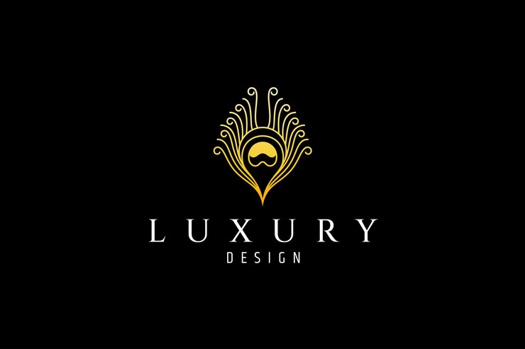 Peacock feather logo with gold color looks luxurious and elegant in simple flat design style