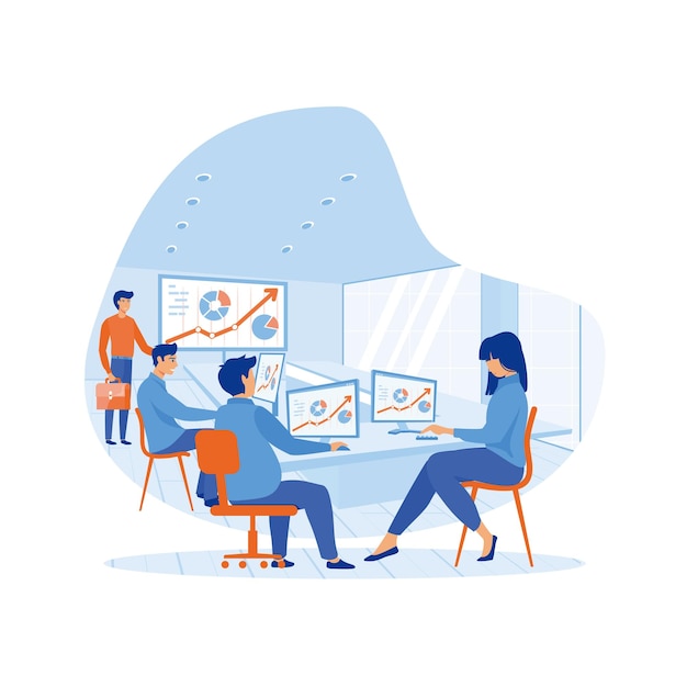 People at business training look at presentation with graphics that shown by tutor isolated cartoon