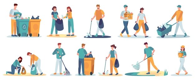 People clean up garbage. Volunteers gathering trash recycle. Characters cleaning environment litter. Waste collectors vector set. People collect trash and rubbish, cleaning environmental illustration