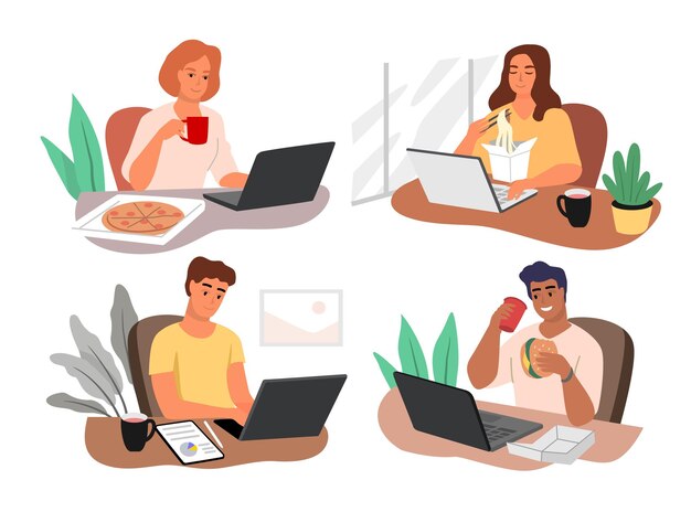 People eating food at office vector Lunch break business rush concept