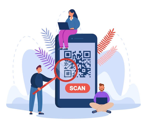 people scanning qr-code using phone flat vector illustration. man looking at smartphone screen through magnifier, using qr-code for online payments, purchases. technology concept