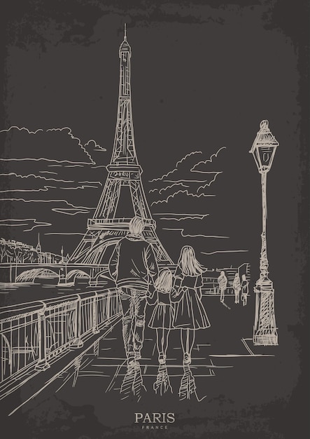 People walking excitedly towards the historic Eiffel tower vector sketch