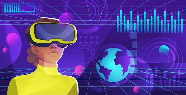 Person i fritidsklær iført VR-briller ser på virtuell virkelighet verdensrom digitalt grensesnitt planet hologram nettverksteknologi abstrakt cyberspace futuristisk vitenskap Vektorillustrasjon