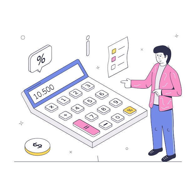 Person with calculator and money showing the concept of accounting isometric illustration