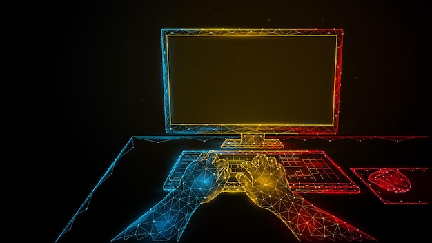 person working at a computer. using a computer. polygonal vector illustration of human hands, computer monitor and computer mouse. gaming concept