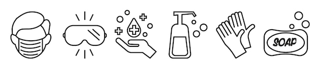 Personal protective equipment icons medical mask latex gloves soap dispenser goggles