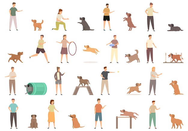 Pet trainer icons set cartoon vector Man play Guy agility