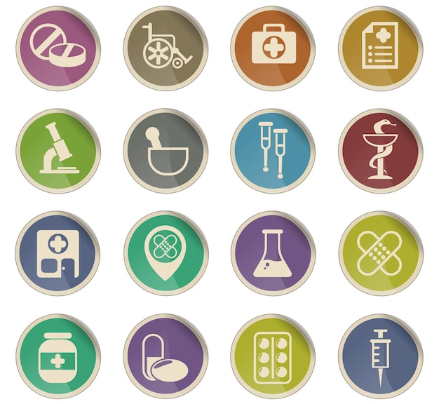 Pharmacy vector icons in the form of round paper labels
