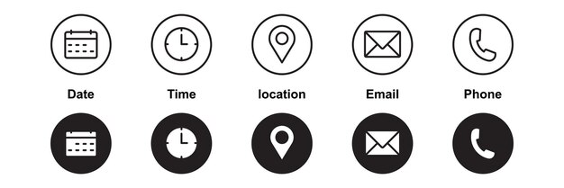 Phone Email Message Envelope Location Pin Map Gps Marker Address Time Clock Date Calendar icon set editable line icons social media icons vector