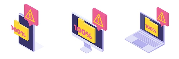 Phone Laptop Desktop full memory Storage space file is full concepts set Isometric Vector