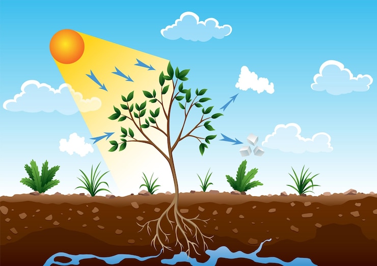 Vektor photosynthesis process tree produce oxygen using rain and sun diagram showing process of photosynthesis in plant colorful biology scheme for education in flat style