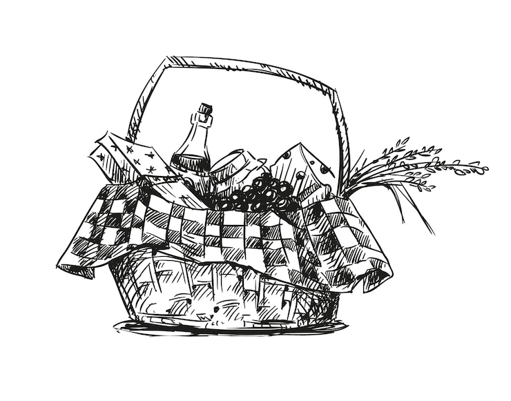 Vektor picnic basket with snack. hand drawn.