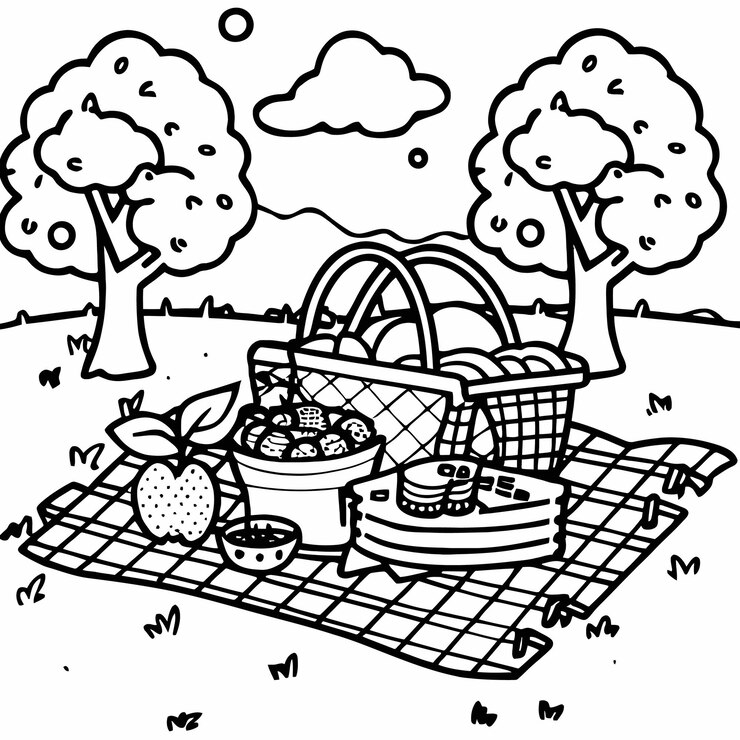 Vektor picnic scene with sandwiches fruit coloring page