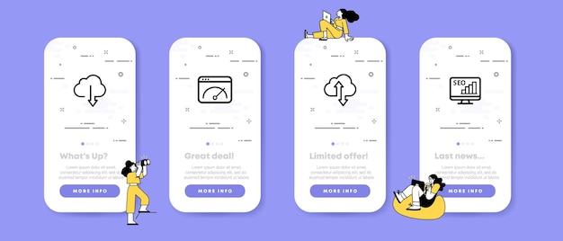 Pictogram sey icon Seo speed test Buttons for uploading and downloading from cloud storage Data analysis UI phone app screens with people Vector line icon for Business and Advertising