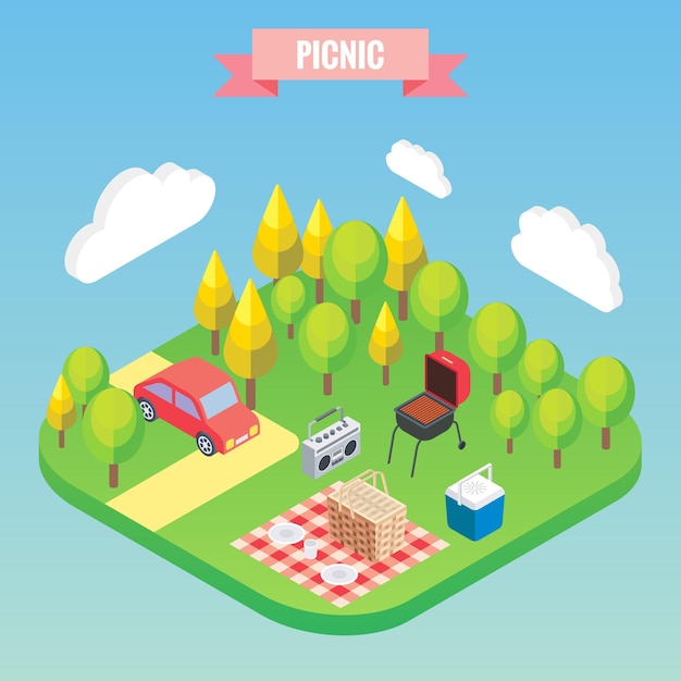 Piknik i en park isometriske objekter. Vektorillustrasjon i flat 3D-stil. Familieferie utendørs.