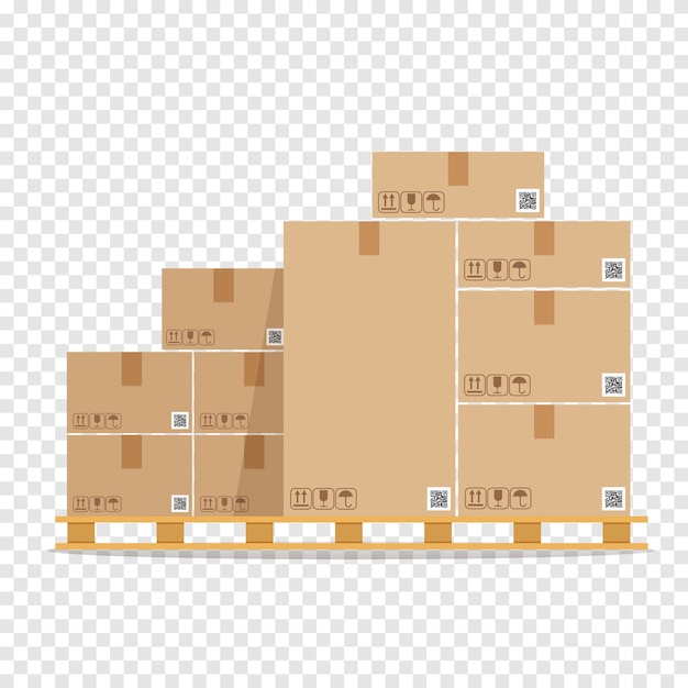 pile of brown cardboard boxes on wooden pallet. warehouse parts box on wood tray. cargo box.