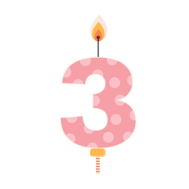 Pink birthday cake candle with flame light Three year old Kindergarten birthday party celebration