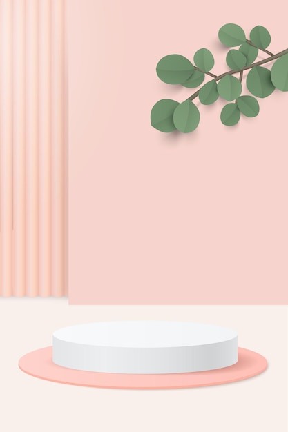 pink geometrical 3d background with product podium and leaves