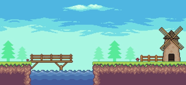 Pixel art arcade game scene with mill bridge trees fence e clouds 8 bit vector background