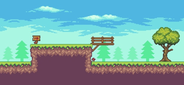 Pixel art arcade game scene with tree bridge wooden board and clouds 8 bit vector background
