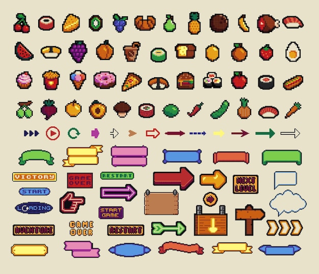 Pixel art frames Retro 8 bit buttons arrows speech bubble messages food and quote frame Game UI