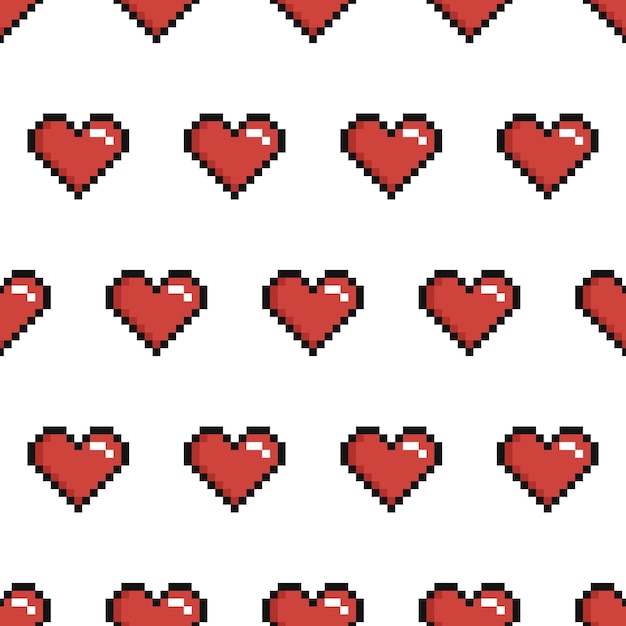 Pixel art seamless pattern with red hearts on a white background