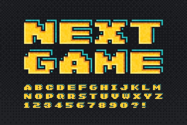 pixel vector alphabet design stylized like in 8bit games high contrast and sharp retrofuturistic