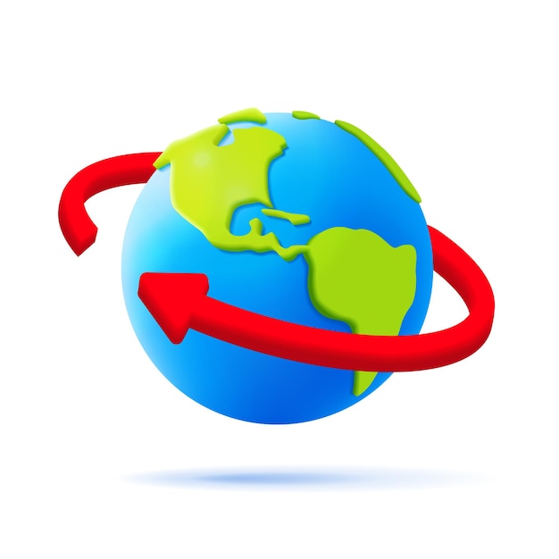 Planet Earth 3d vector icon with red volume arrow around it isolated on white background