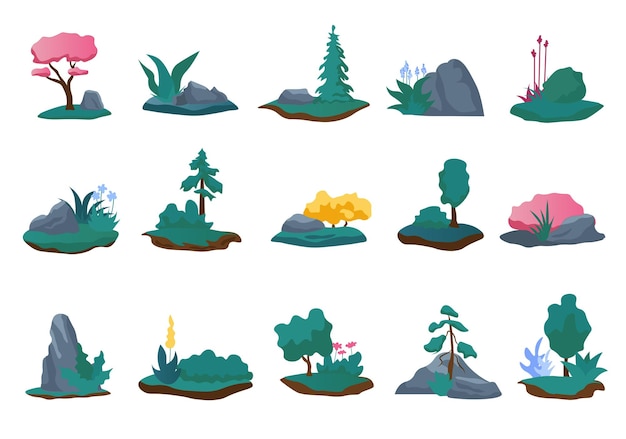 Plants and landscape set in cartoon design The mesmerizing beauty of the wild with this colorful set