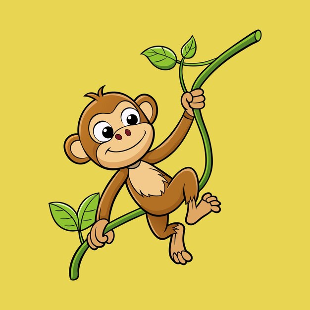 Playful Monkey Hanging On a Tree Brunch Animal Nature Icon Concept Isolated Flat Cartoon Vector