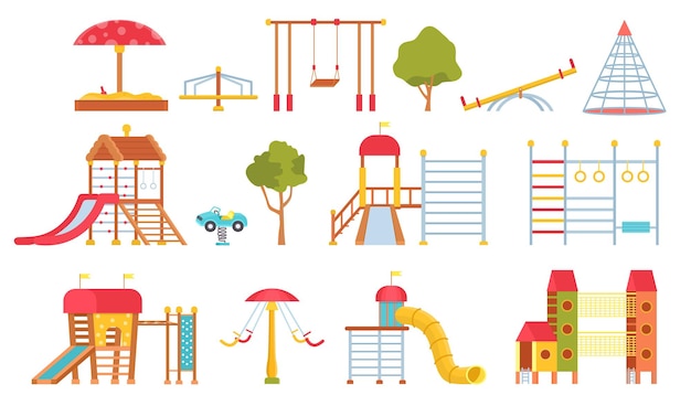 playground equipment. kids park carousels, swings and game modules with slides. climbing wall and sandpit. flat outdoor play area vector set. illustration playground equipment game outdoor