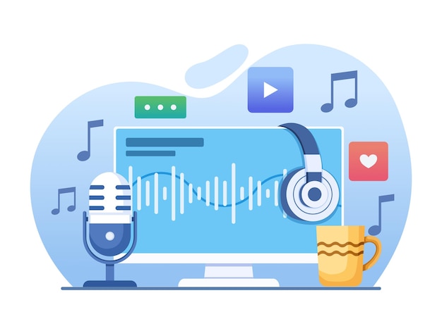 Podcast production equipment set concept illustration. Podcast recording equipment