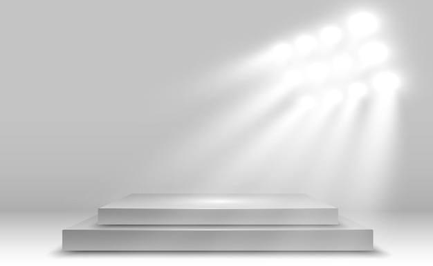 Podium, pedestal or platform, illuminated by spotlights in the background. Vector illustration.