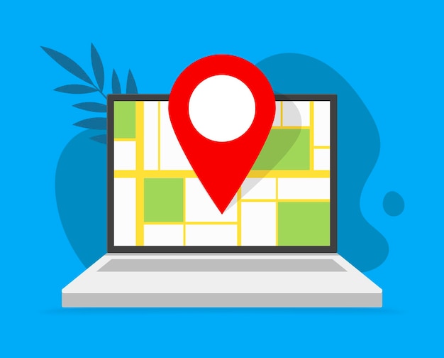 pointer location and laptop with web map on the monitor. vector flat illustrations. gps mark inside laptop design, map travel, navigation, route location technology search street. scribble backdrop.