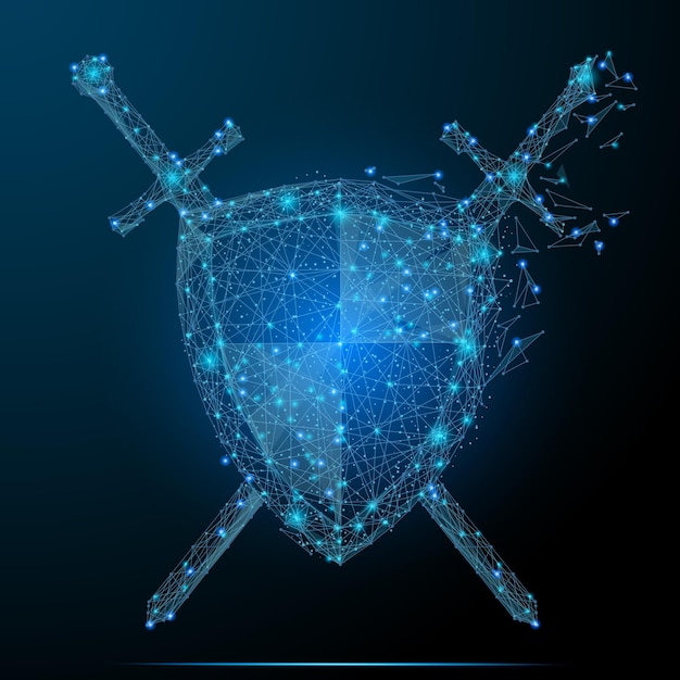 Polygonal Shield and Swords isolated on dark background Protect and secure concept Low poly vector