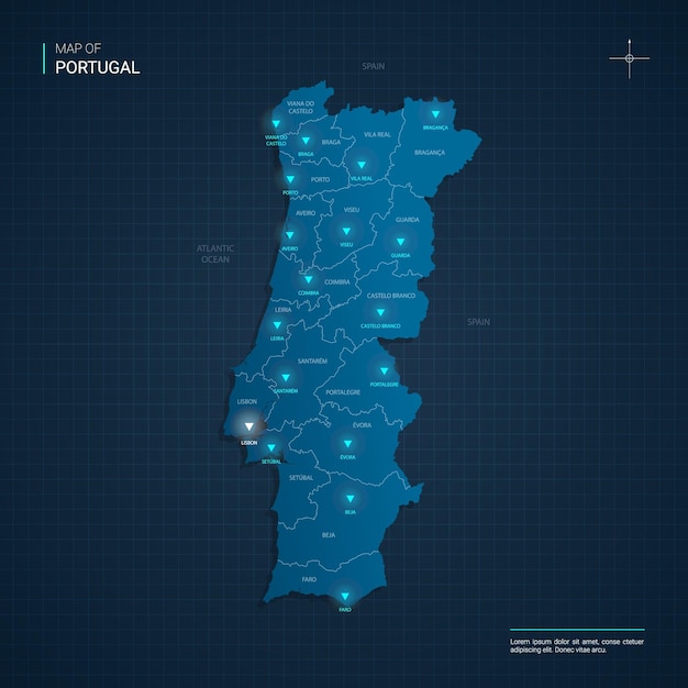 Portugal-kart med blå neonlys-punkter