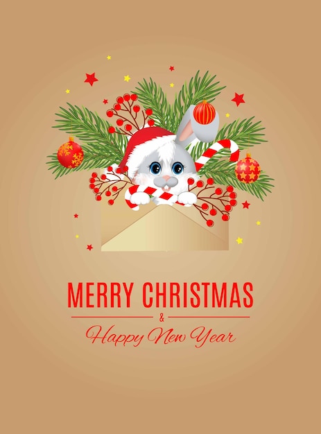 Postcard with rabbit or hare Christmas tree and balls in envelope