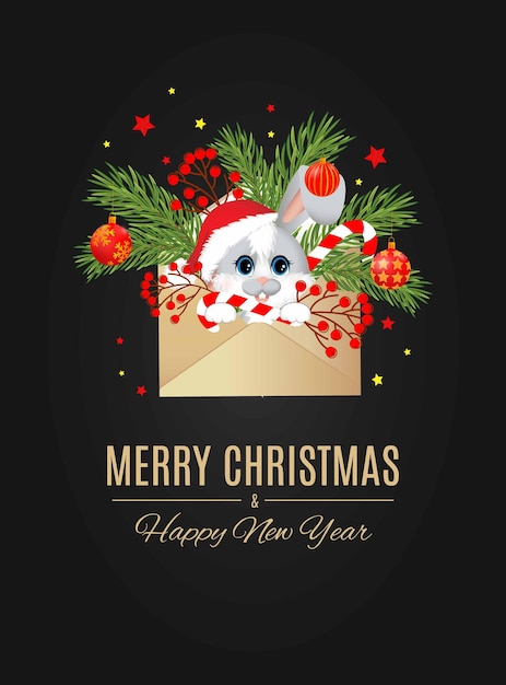 Postcard with rabbit or hare Christmas tree and balls in envelope