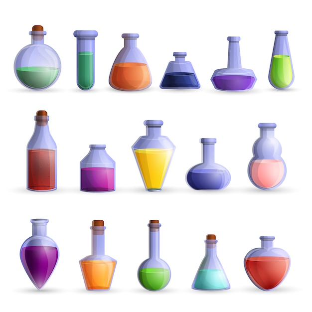 Potion icon set, cartoon style