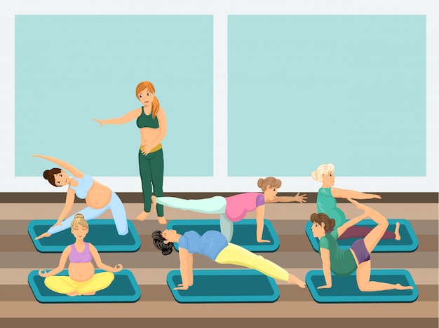 Pregnant women do yoga with instructor