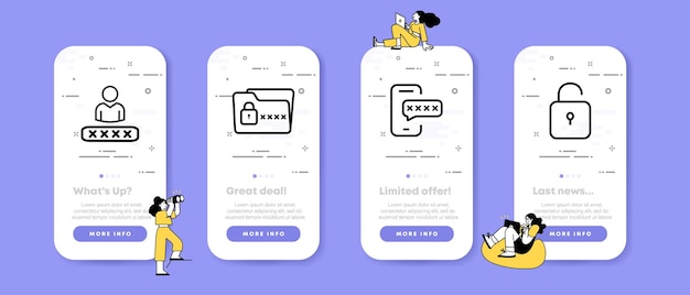 Privacy set icon User protection password pin code secure folder lock personal data Tecnology concept UI phone app screens with people Vector line icon for Business and Advertising