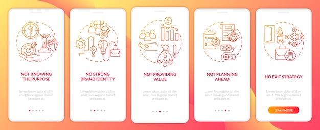 Problems faced by new startups red gradient onboarding mobile app screen