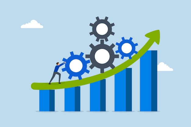 Process improvement entrepreneur moving gears upward on ascending progress chart illustration