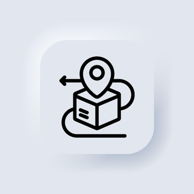 Product box and map pin solid line icon. Shipping delivery symbol. Cardboard box with location transportation destination. Neumorphic UI UX white user interface web button. Vector EPS 10.