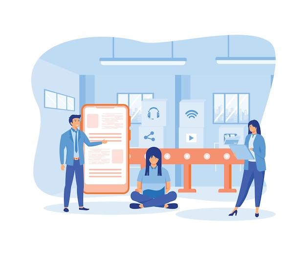 production line with workers automation and user interface concept connecting