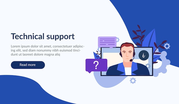 Professional operator supports client in chat. Technical website support. Web landing page
