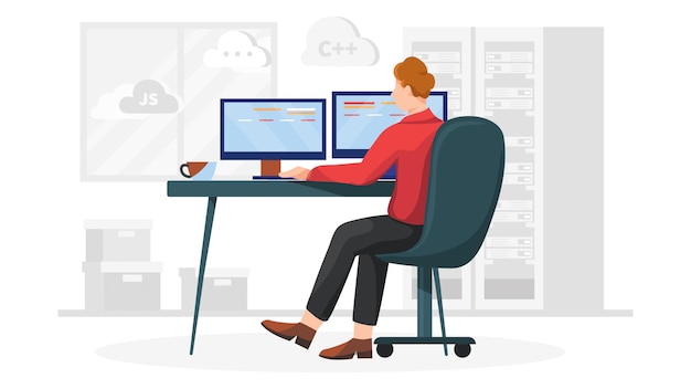 Programmer working on computer with cloud and server in the background