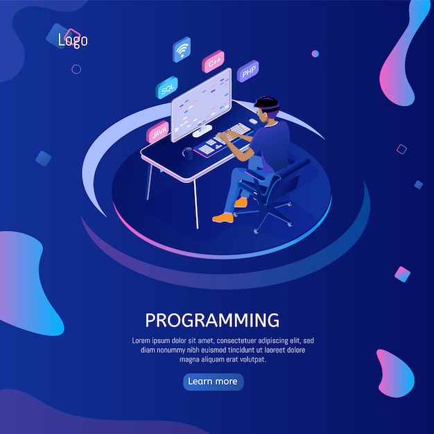 programming web banner with engineer at work.