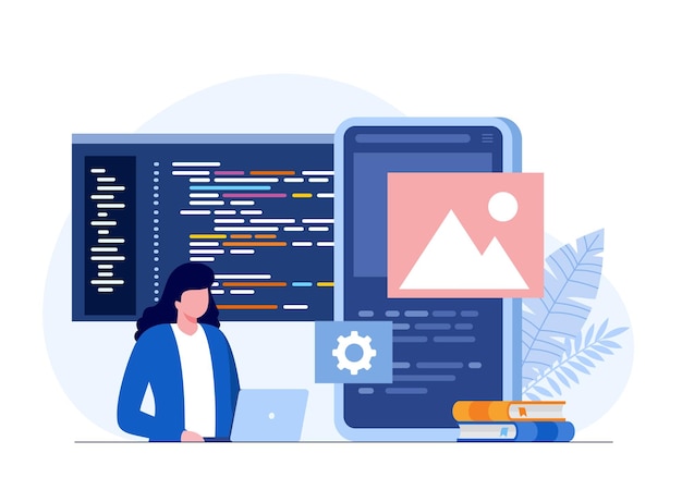 Programvareutvikling Web programmeringsspråk css html it ui programmerer tegneseriefigur utvikler nettside koding flat illustrasjon banner