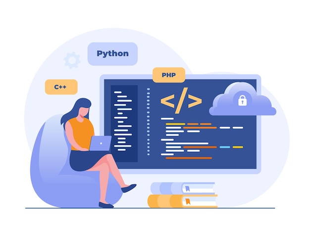 Programvareutvikling Web programmeringsspråk css html it ui programmerer tegneseriefigur utvikler nettside koding flat illustrasjon banner